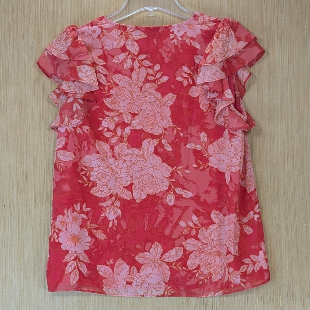 1.STATE Womens Red Pink Rose Floral Ruffle Flutter Sleeve Blouse Medium NEW - Picture 3 of 7